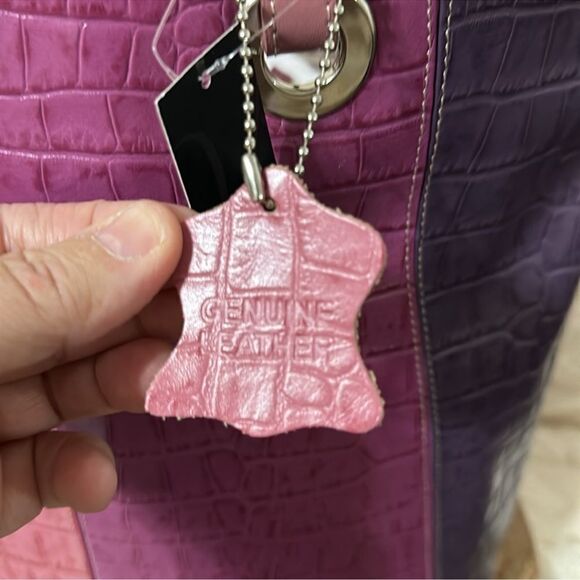 Valerie Stevens Four Tone Warm Purple Pink Croc Print Genuine Leather Tote - Picture 11 of 12